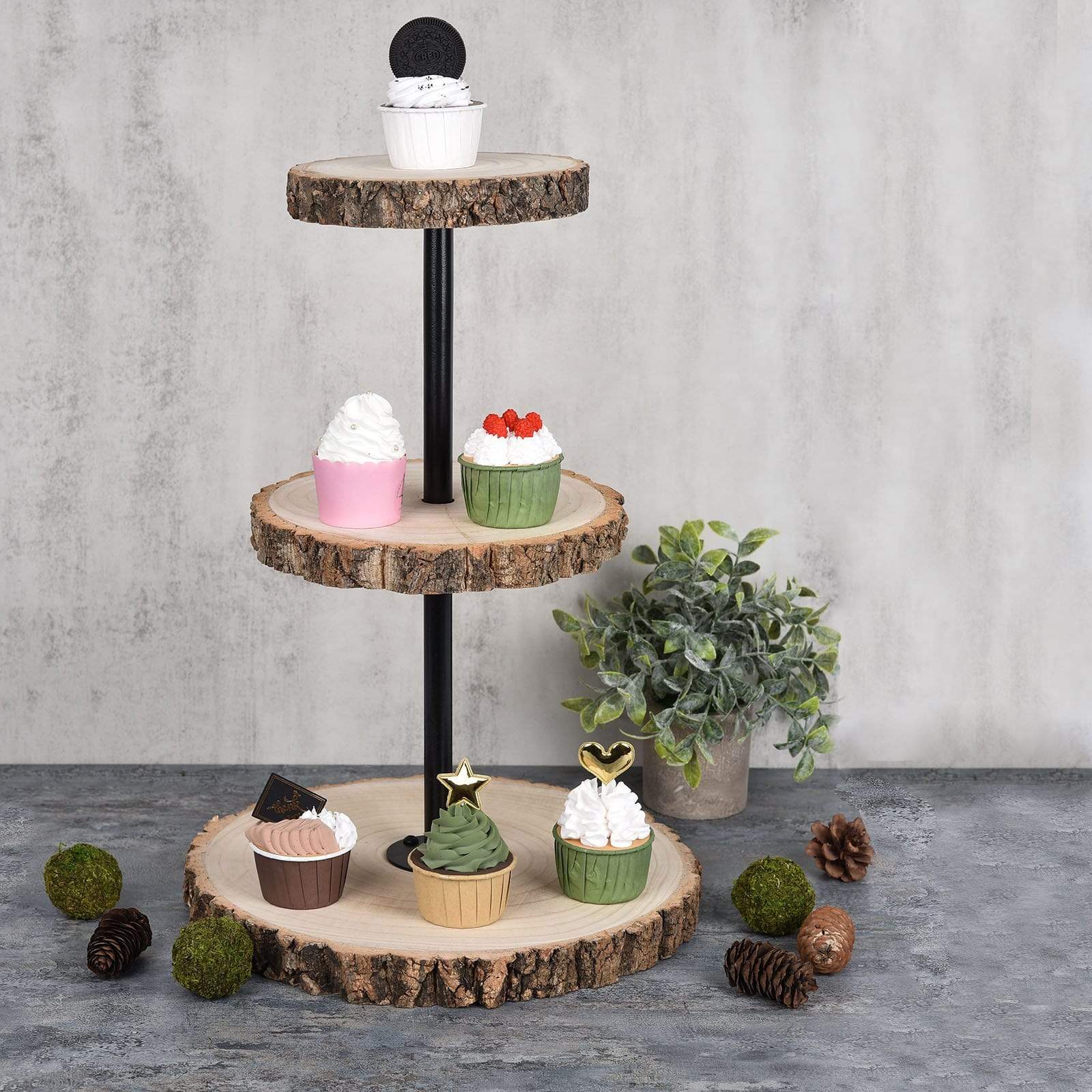 19 in 3 Tier Brown with Black Round Natural Wood Dessert Stand