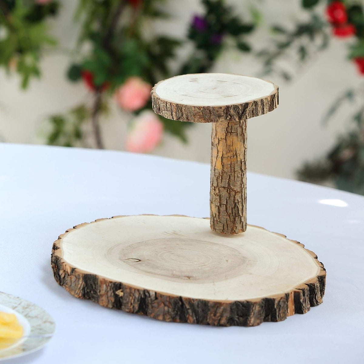 8 in Tall 2 Tier Brown Natural Wood Stand Round Dessert Server