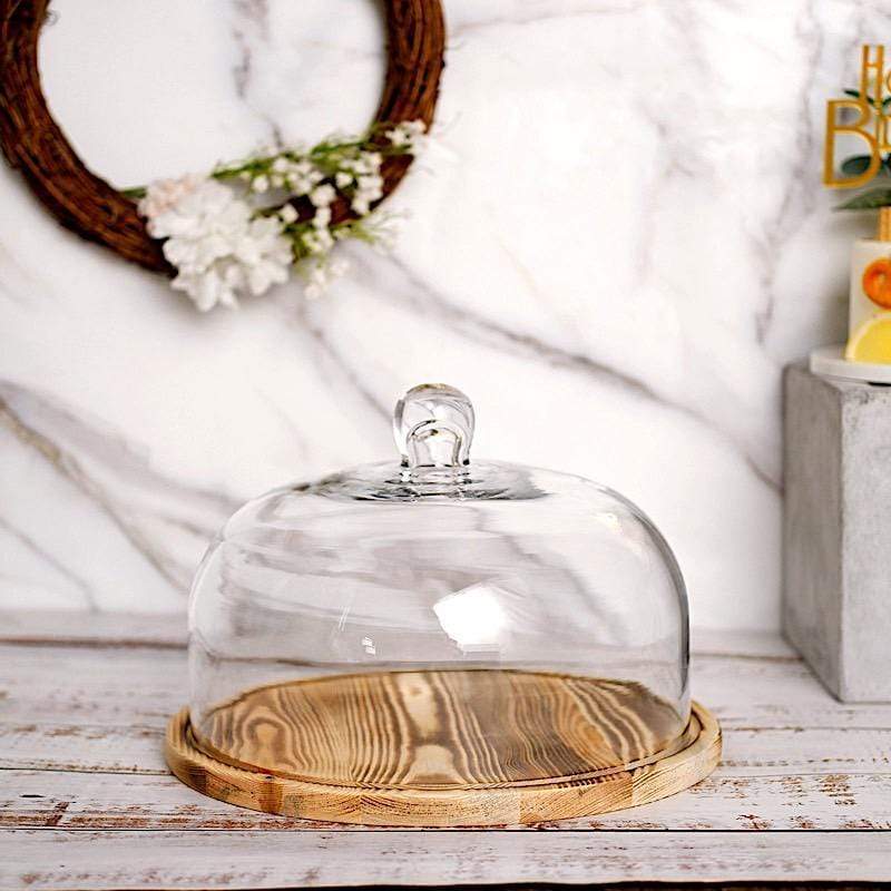 Clear and Natural 8 in tall Glass Cloche Display Dome with Wooden Base Cake Stand