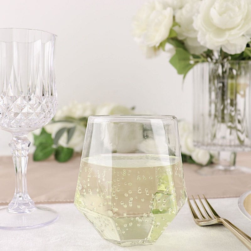 12 Clear 12 oz Disposable Geometric Plastic Stemless Wine Glasses