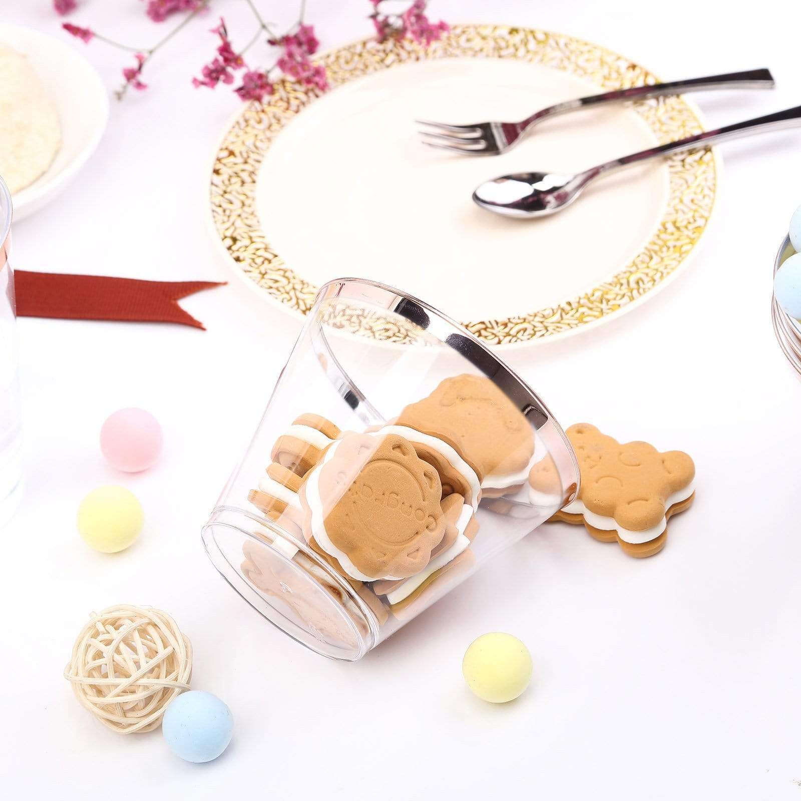 6 pcs 10 oz Rose Gold Rim on Clear Disposable Plastic Party Cups