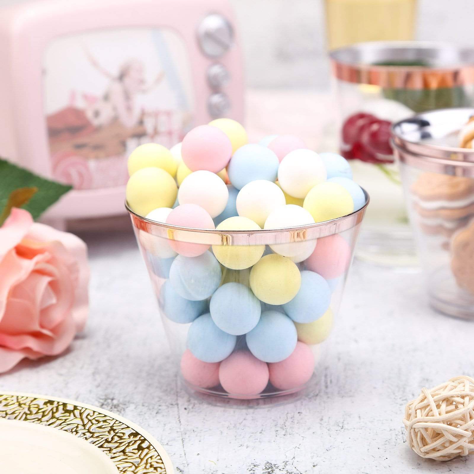 6 pcs 10 oz Rose Gold Rim on Clear Disposable Plastic Party Cups