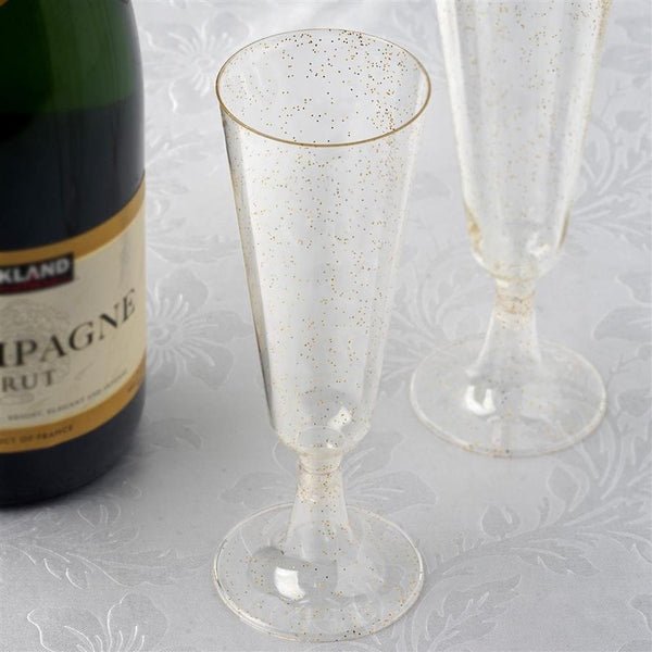 12 pcs 5 oz. Gold Glittered Disposable Plastic Champagne Flutes Glasses
