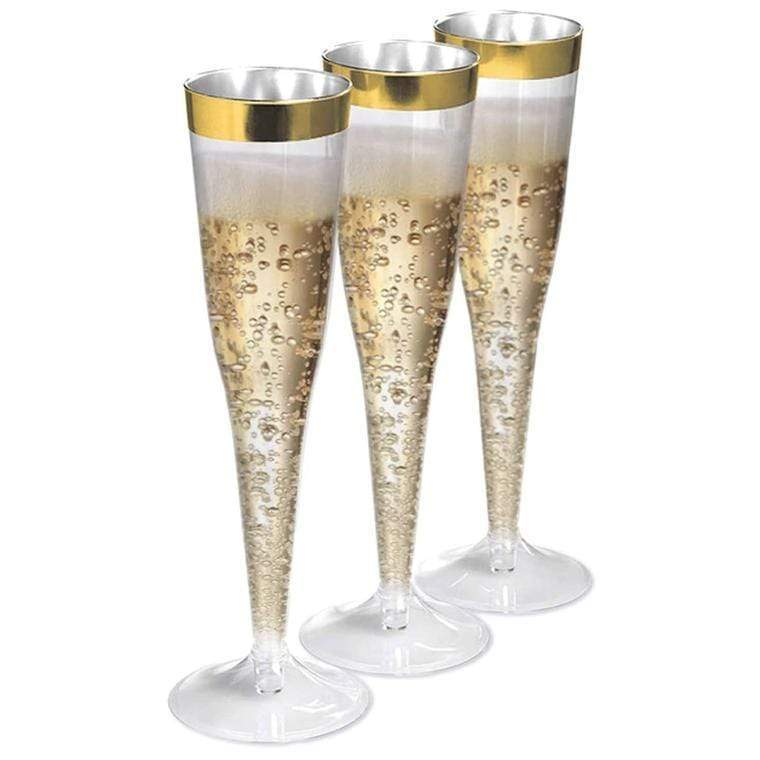 12 pcs 6 oz. Clear with Gold Rim Disposable Plastic Champagne Party Flutes Glasses