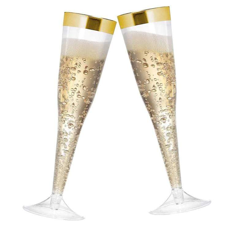 12 pcs 6 oz. Clear with Gold Rim Disposable Plastic Champagne Party Flutes Glasses