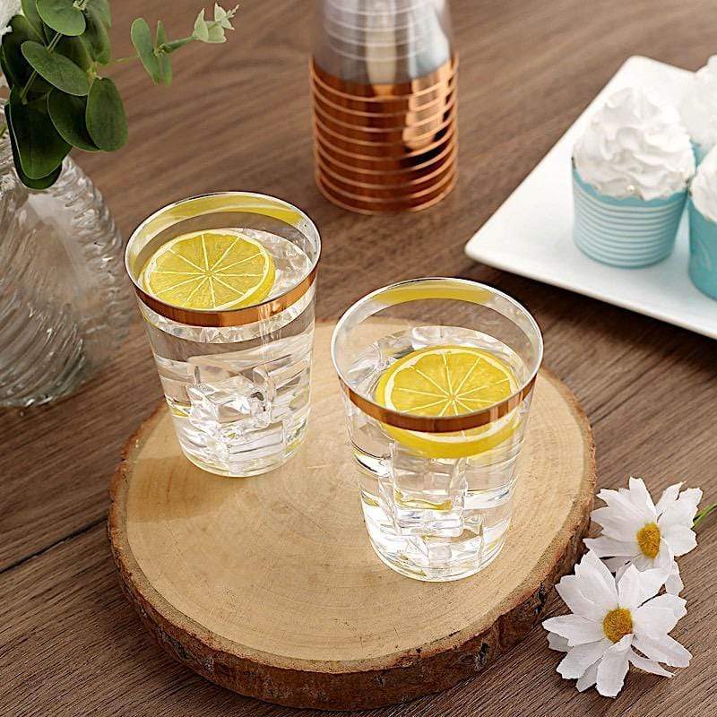 12 pcs 9 oz Clear with Rose Gold Rim Plastic Disposable Glasses