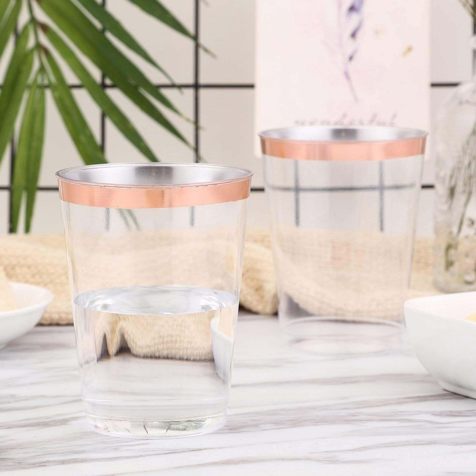 6 pcs 10 oz Clear with Rose Gold Rim Plastic Disposable Glasses