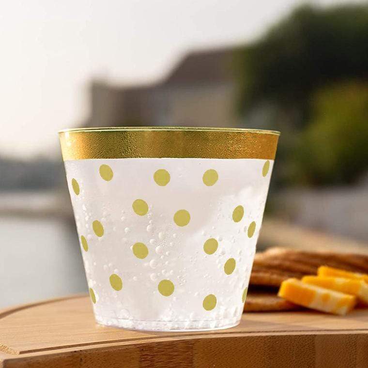 12 pcs 9 oz Gold Trim on Clear Disposable Plastic Party Polka Dots Cups