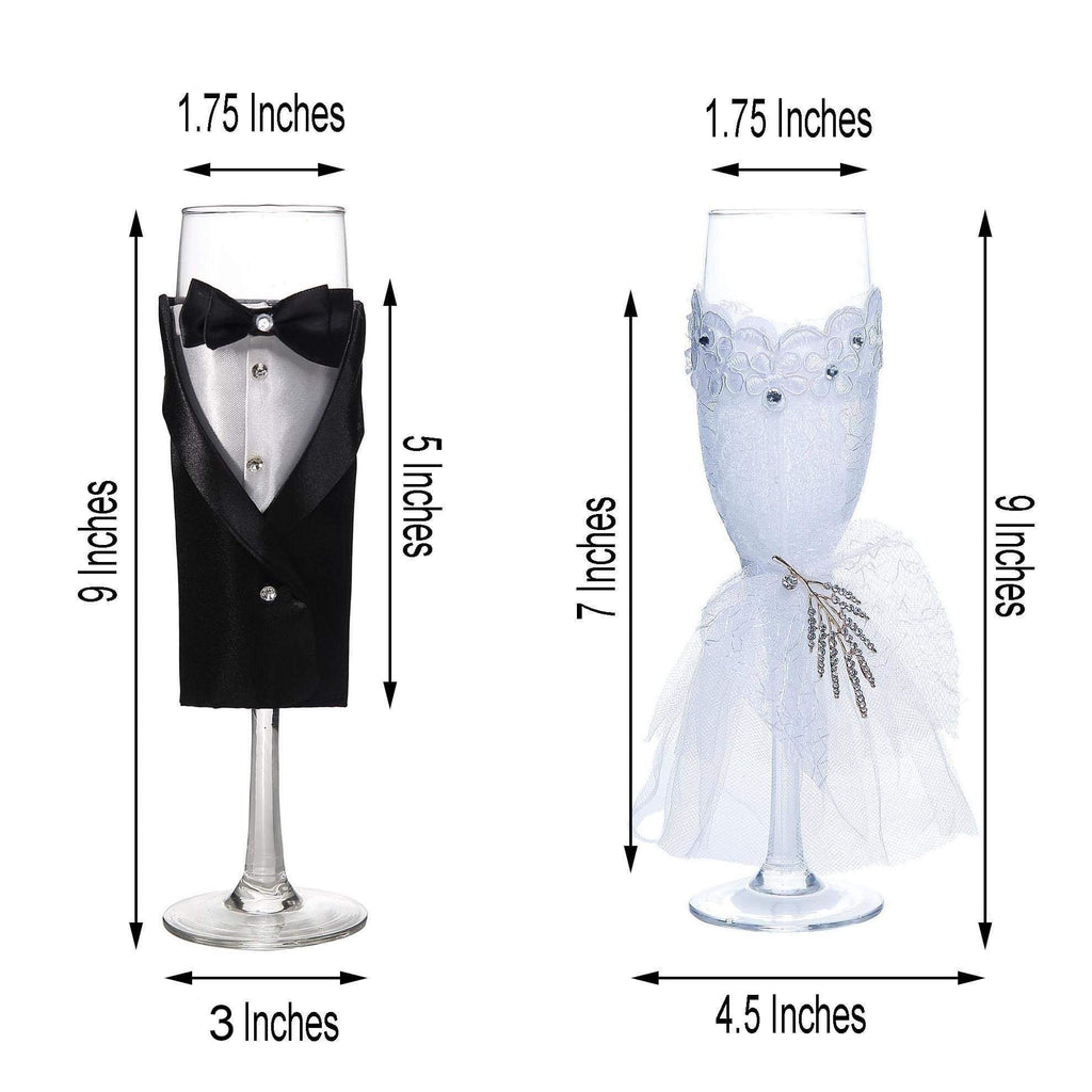 2 pcs 9 in tall Clear Wedding Glasses Dress and Tuxedo Champagne Toasting Flutes