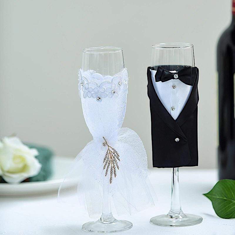 2 Pcs 9 in Tall Clear Wedding Glasses Dress and Tuxedo Toasting Flutes