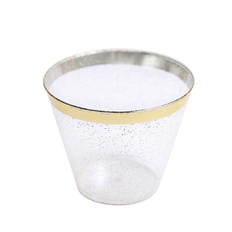 25 Glittered 9 oz Clear Plastic Disposable Cups with Gold Trim