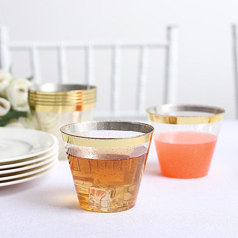 25 Glittered 9 oz Clear Plastic Disposable Cups with Gold Trim