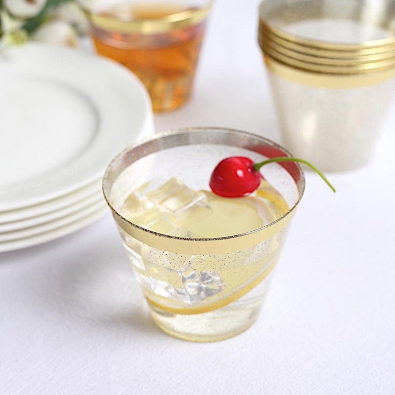 25 Glittered 9 oz Clear Plastic Disposable Cups with Gold Trim