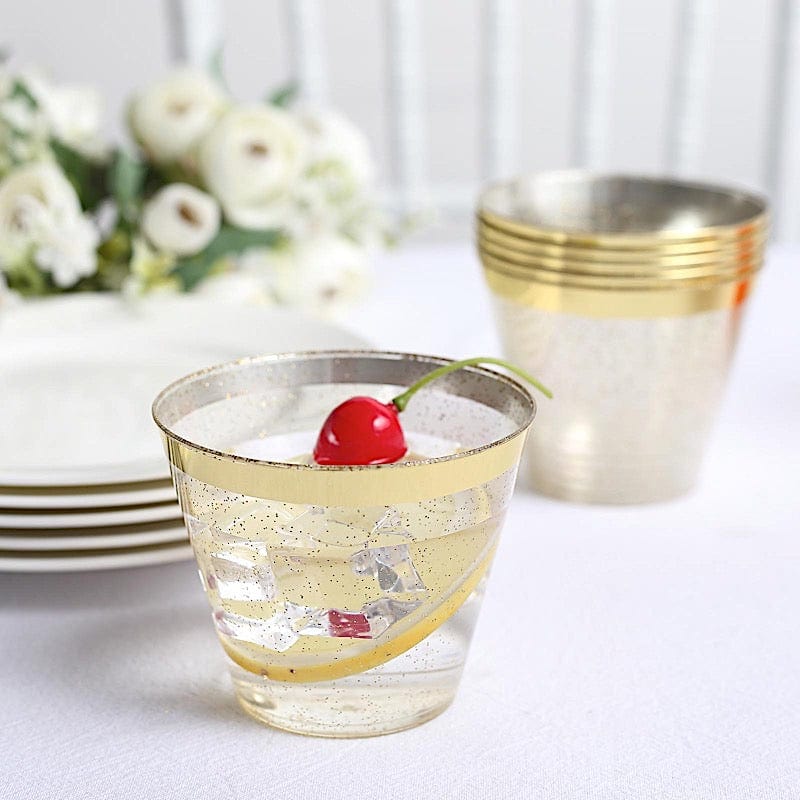 25 Glittered 9 oz Clear Plastic Disposable Cups with Gold Trim