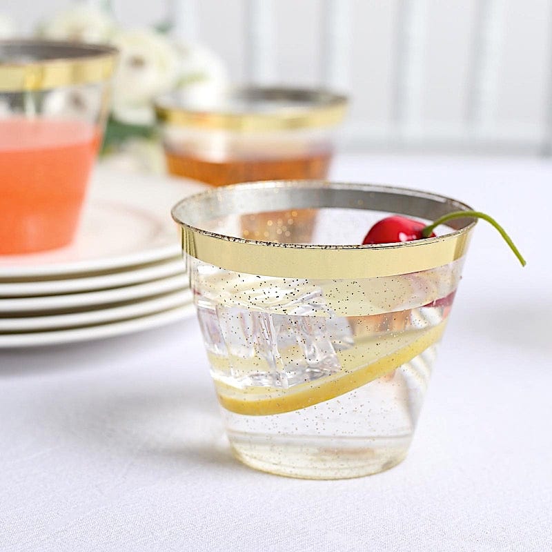 25 Glittered 9 oz Clear Plastic Disposable Cups with Gold Trim
