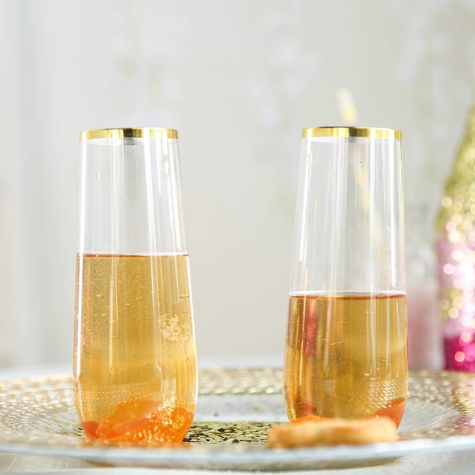 6 pcs 9 oz Clear with Gold Rim Disposable Plastic Champagne Stemless Glasses