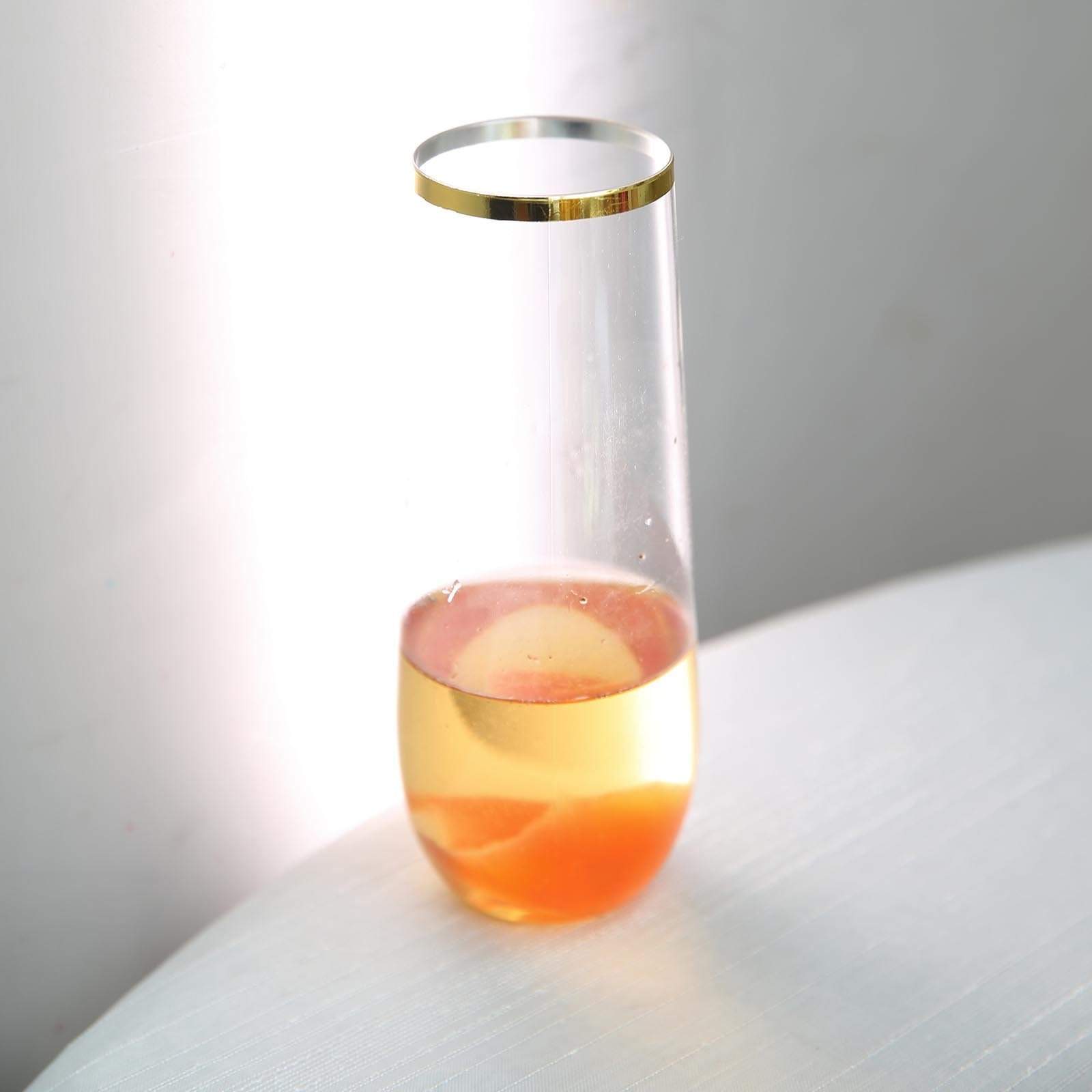 6 pcs 9 oz Clear with Gold Rim Disposable Plastic Champagne Stemless Glasses