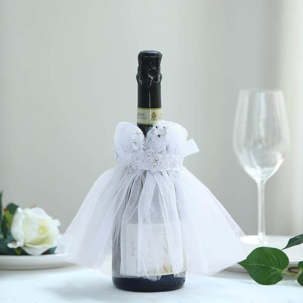8 in Long White Dress Floral Satin Ribbon Wine Koozie Bottle Cover
