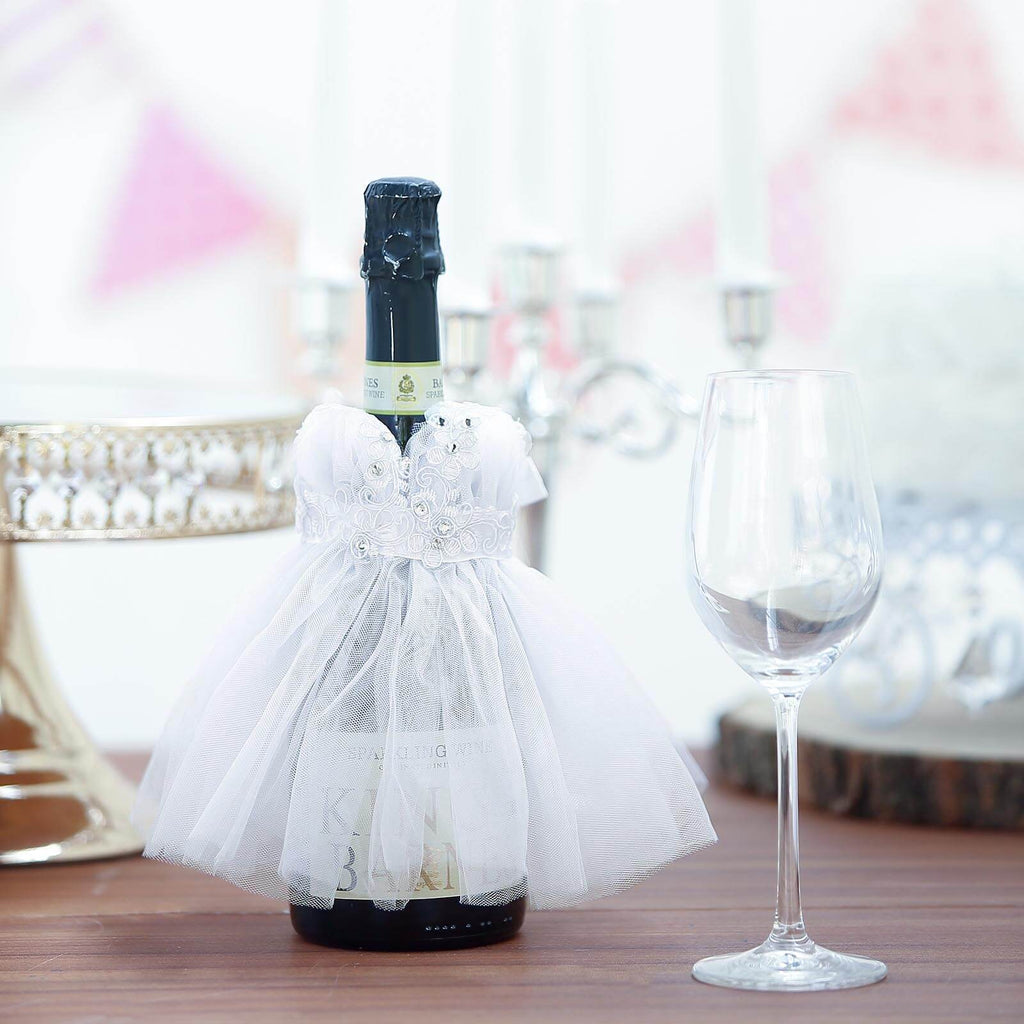 8 in long White Wedding Dress with Floral Satin Ribbon Wine Koozie Bottle Cover