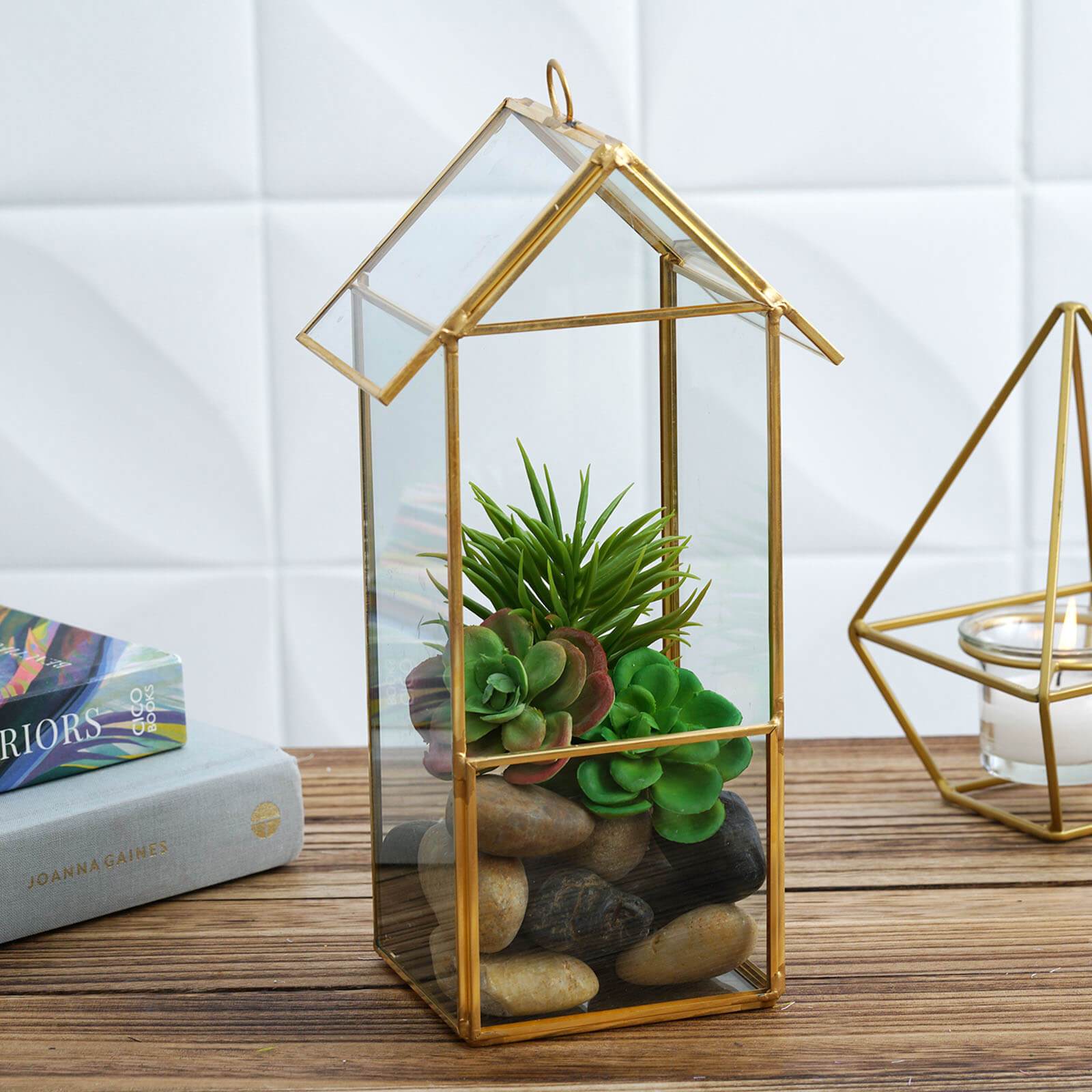 10.5 in tall Clear with Gold Metal Geometric Glass Terrarium Vase
