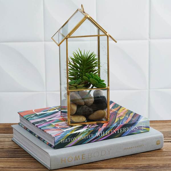 10.5 in tall Clear with Gold Metal Geometric Glass Terrarium Vase
