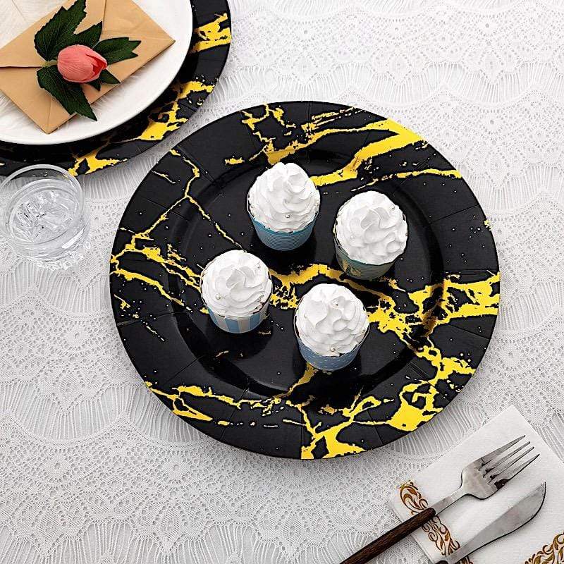 10 Black and Gold 13 in Round Disposable Paper Charger Plates with Marble Design