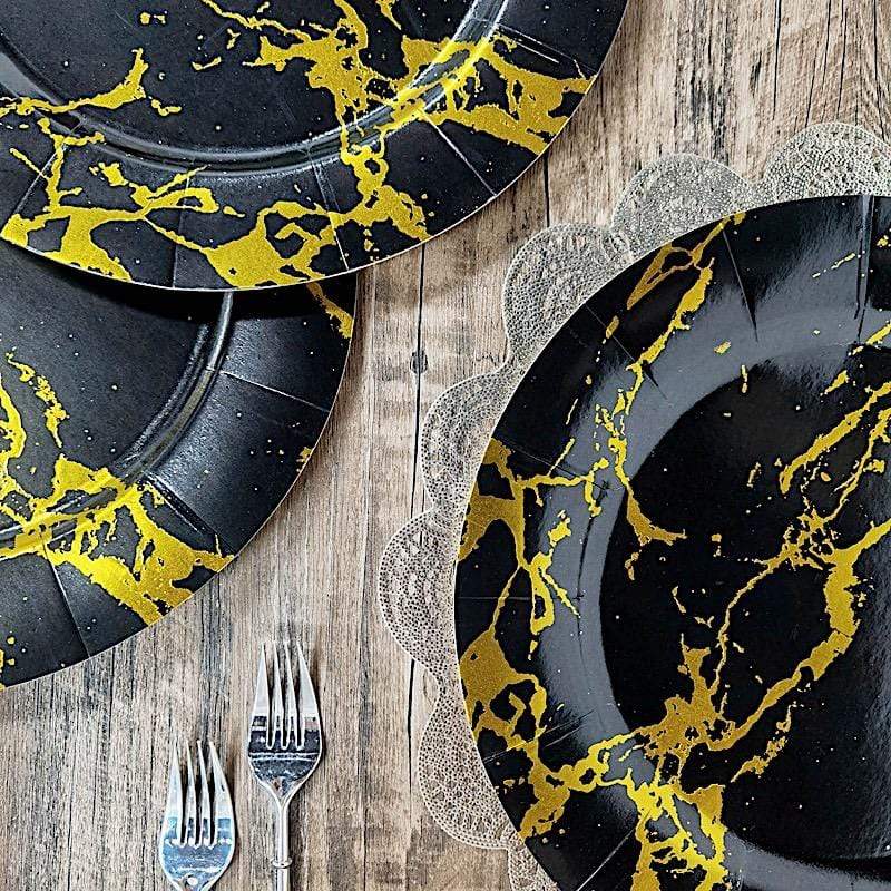 10 Black and Gold 13 in Round Disposable Paper Charger Plates with Marble Design