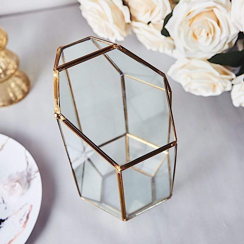 10 in tall Clear with Gold Metal Geometric Glass Terrarium Vase