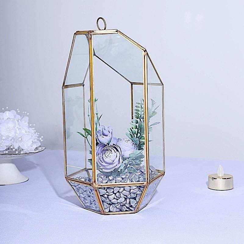 10 in tall Clear with Gold Metal Geometric Glass Terrarium Vase
