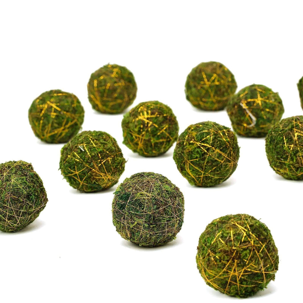 12 pcs 2 in Green Natural Moss Balls with Gold String Orbs Vase Filler Set