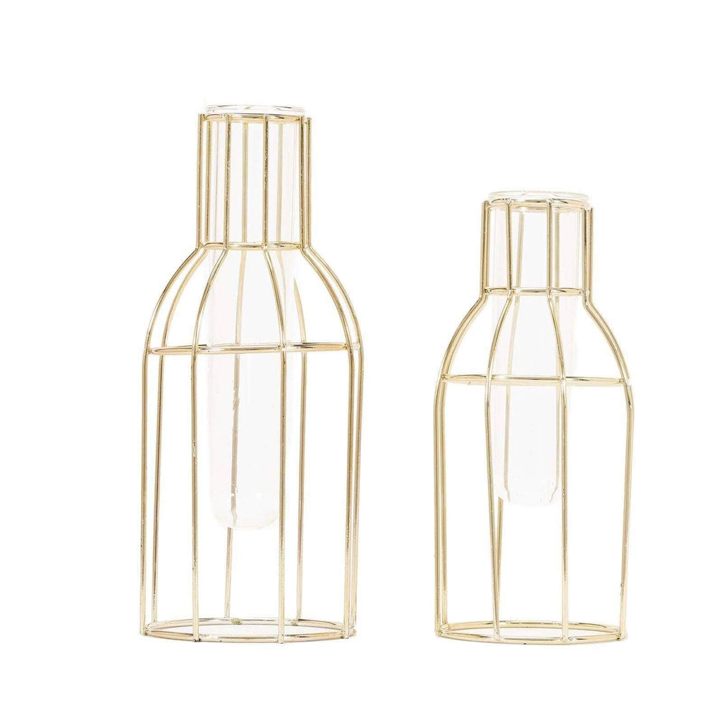 2 Gold Metal Geometric Bottles with Clear Glass Tubes Flower Vase Holders
