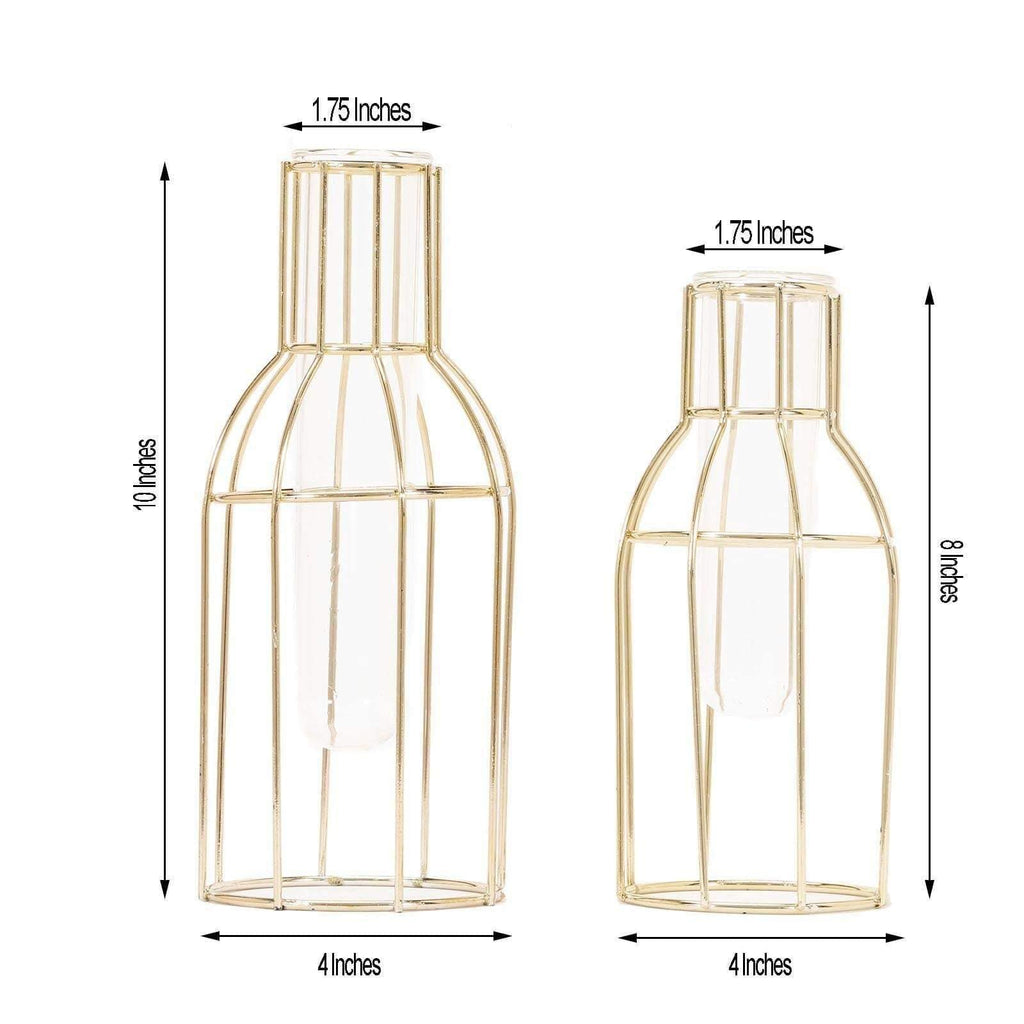2 Gold Metal Geometric Bottles with Clear Glass Tubes Flower Vase Holders