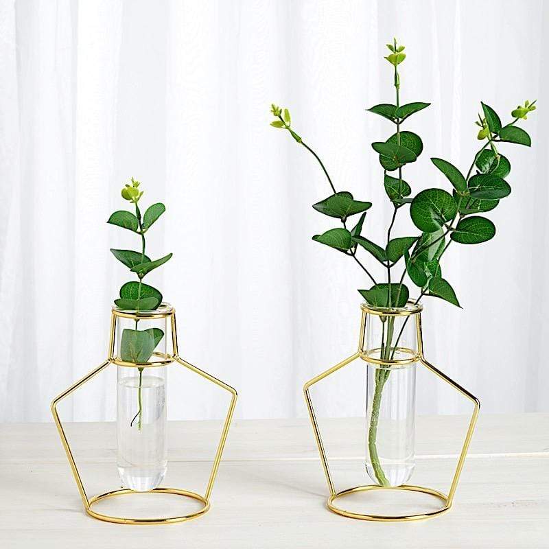 2 Gold Metal Geometric Flower Vase Holders with Clear Glass Tubes