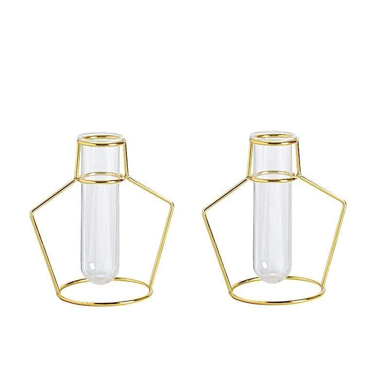 2 Gold Metal Geometric Flower Vase Holders with Clear Glass Tubes
