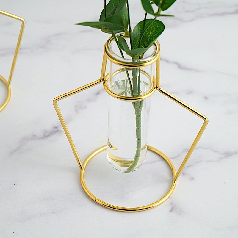 2 Gold Metal Geometric Flower Vase Holders with Clear Glass Tubes
