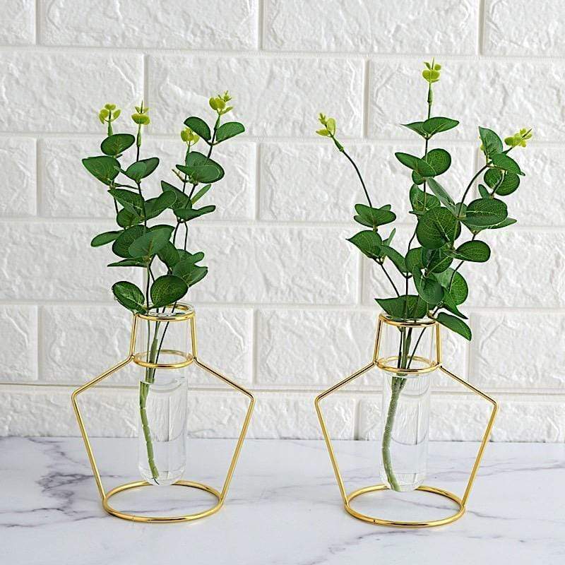 2 Gold Metal Geometric Flower Vase Holders with Clear Glass Tubes