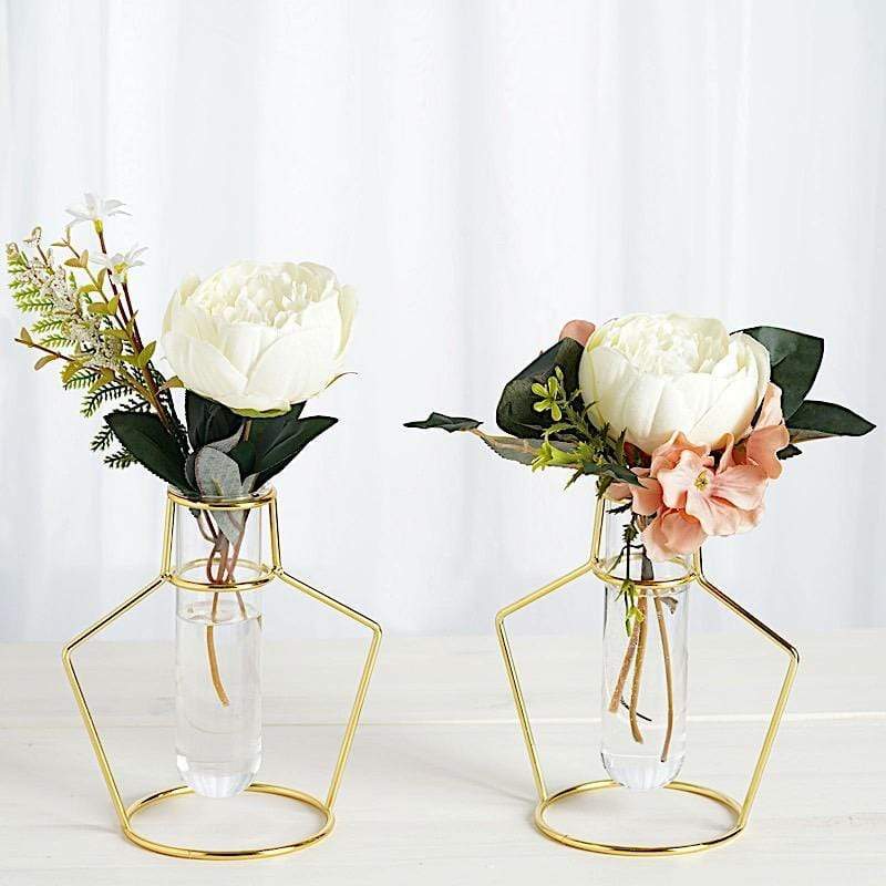 2 Gold Metal Geometric Flower Vase Holders with Clear Glass Tubes