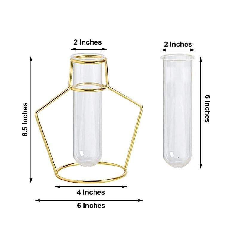 2 Gold Metal Geometric Flower Vase Holders with Clear Glass Tubes