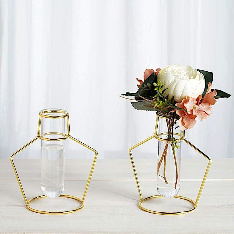 2 Gold Metal Geometric Flower Vase Holders with Clear Glass Tubes