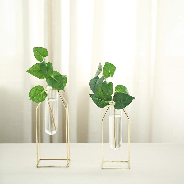 2 Gold Metal Geometric Vases with Clear Glass Tubes Flower Vase Holders