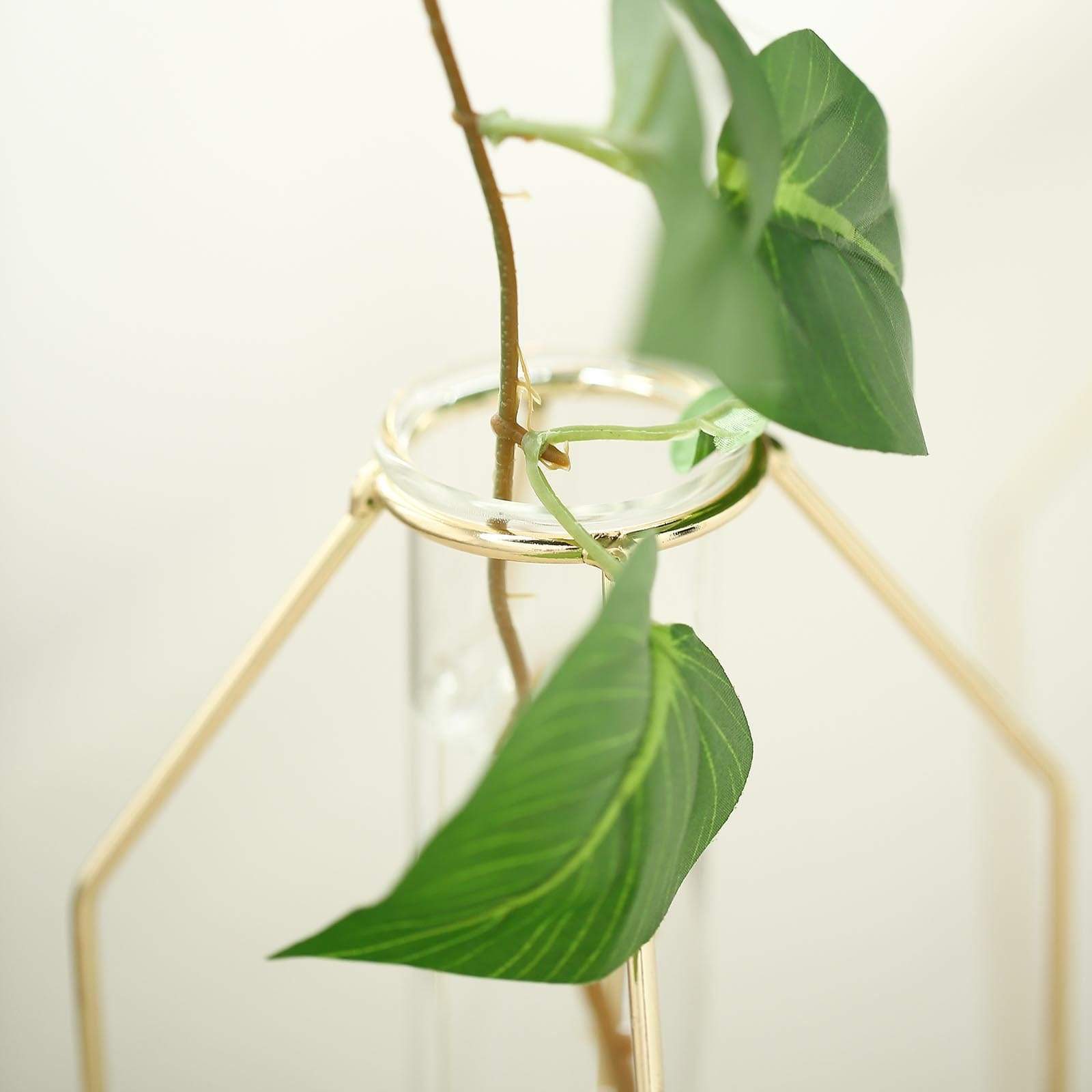 2 Gold Metal Geometric Vases with Clear Glass Tubes Flower Vase Holders