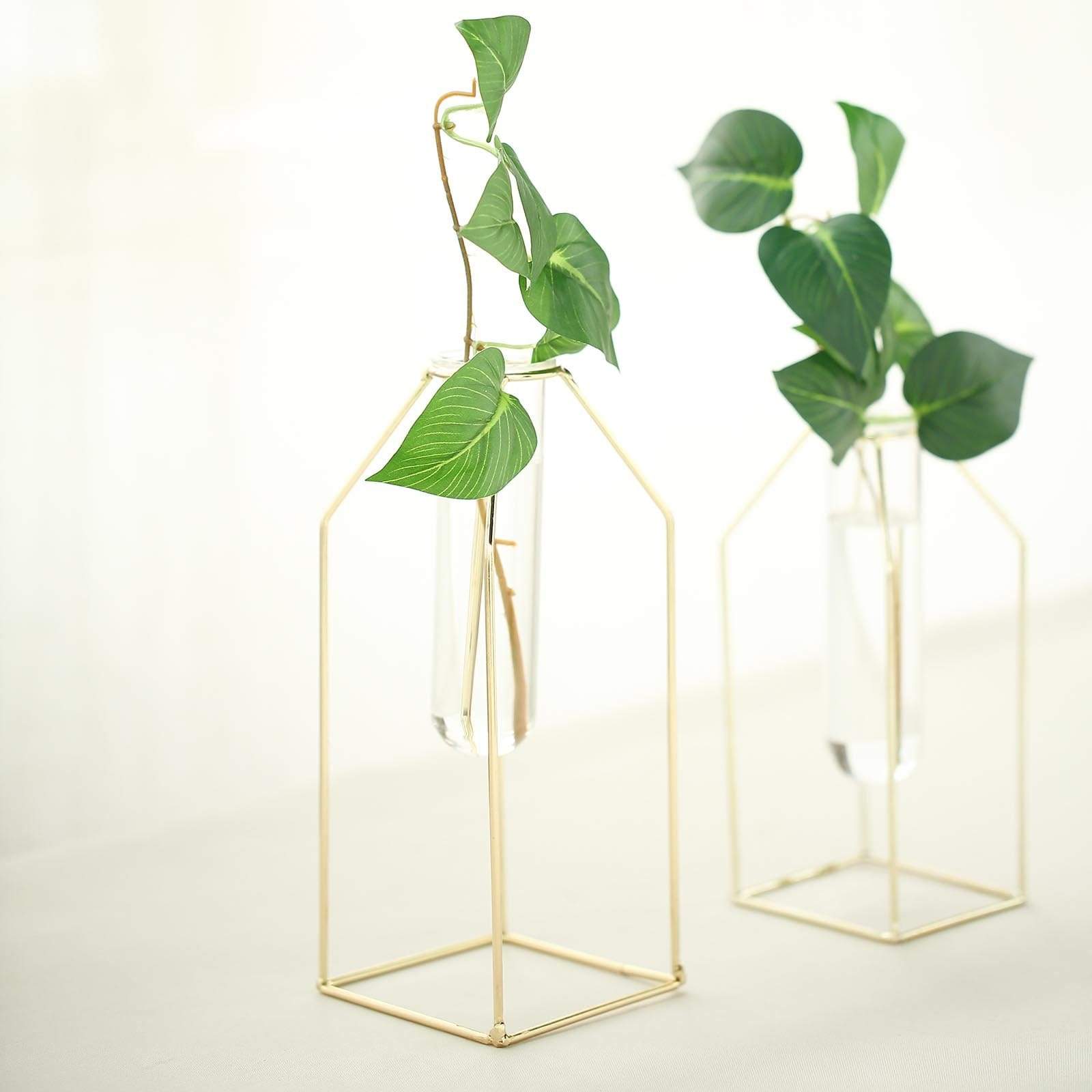 2 Gold Metal Geometric Vases with Clear Glass Tubes Flower Vase Holders