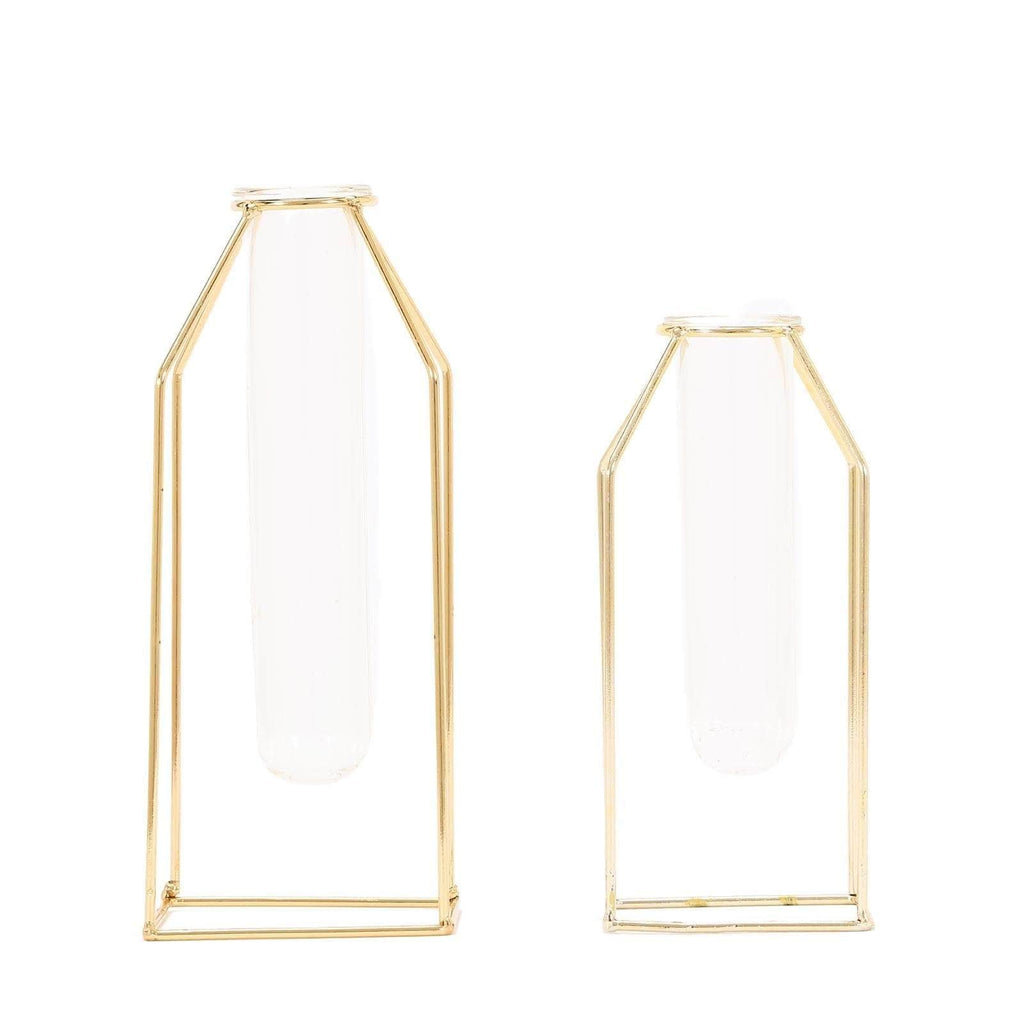 2 Gold Metal Geometric Vases with Clear Glass Tubes Flower Vase Holders