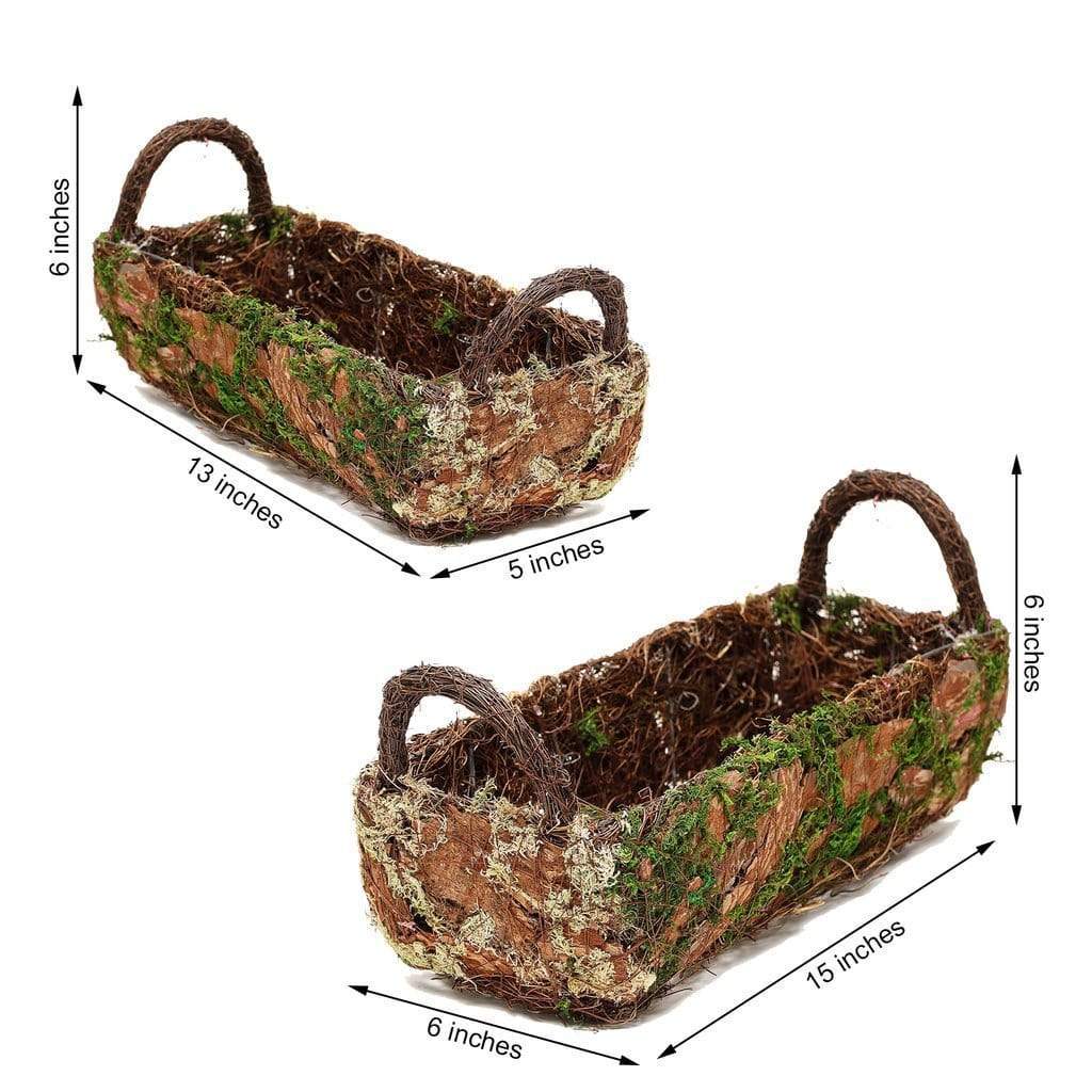 2 Green with Chocolate Brown Natural Moss Rectangular Planter Boxes with Handles Centerpieces