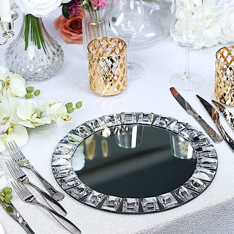2 pcs 13 in Silver Round Glass Diamond Rimmed Charger Plates