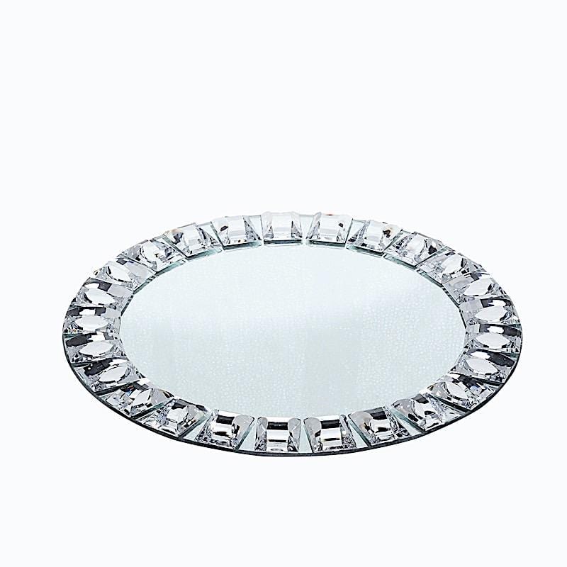 2 pcs 13 in Silver Round Glass Diamond Rimmed Charger Plates