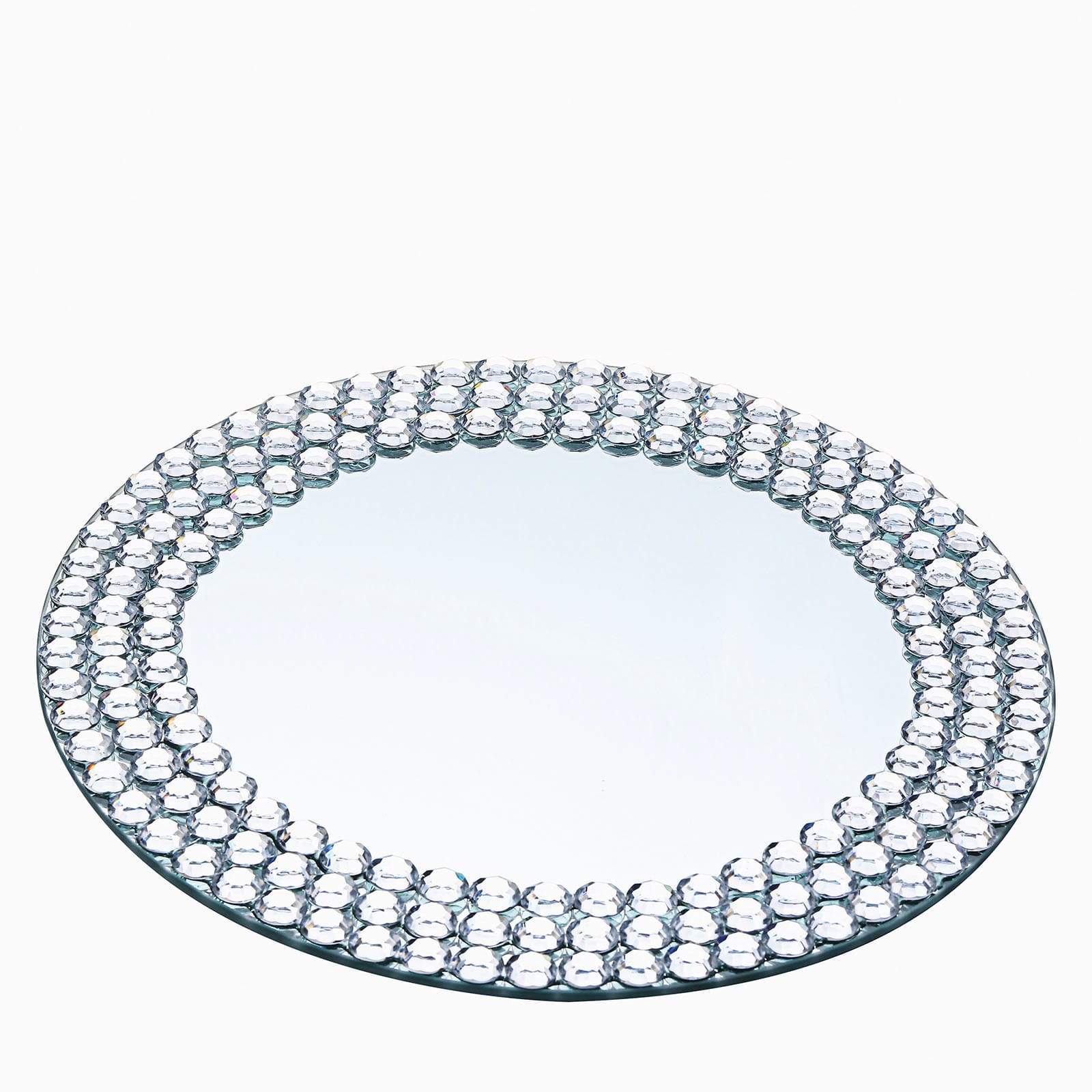 2 Silver 13 in Round Mirror Glass Charger Plates with Diamond Trim