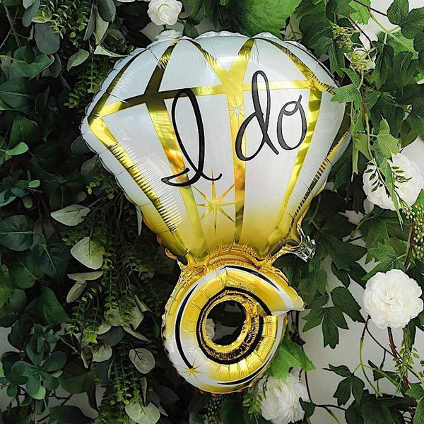 20.5 in tall Gold and White Large Diamond Wedding Ring Mylar Foil Balloon