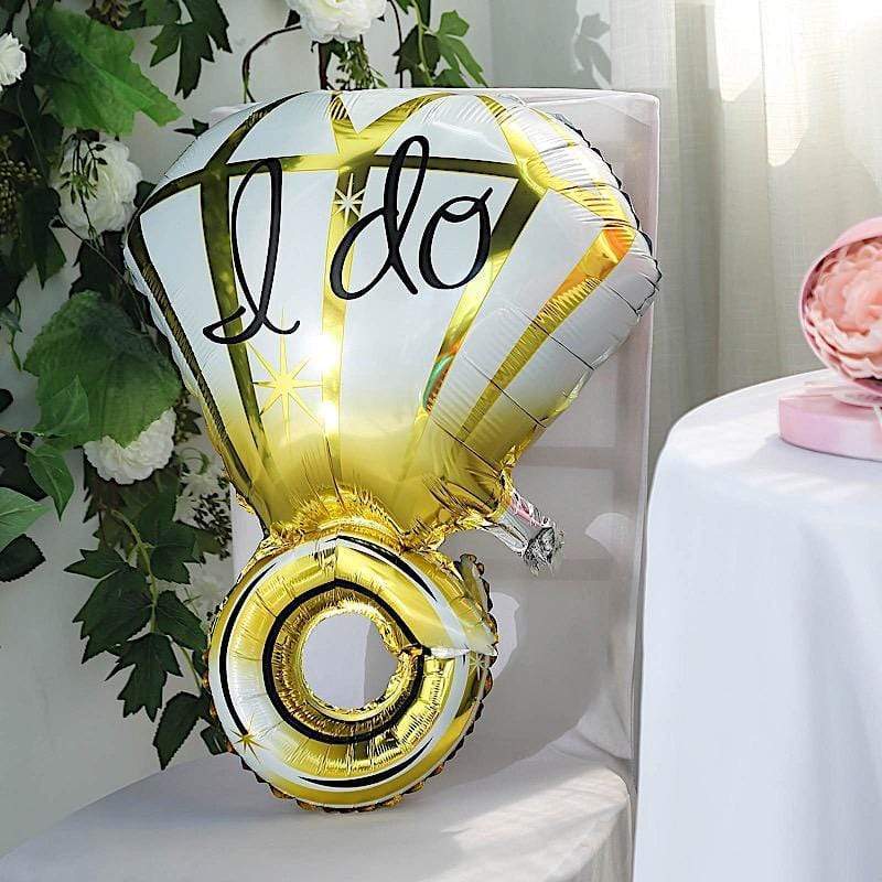 20.5 in tall Gold and White Large Diamond Wedding Ring Mylar Foil Balloon