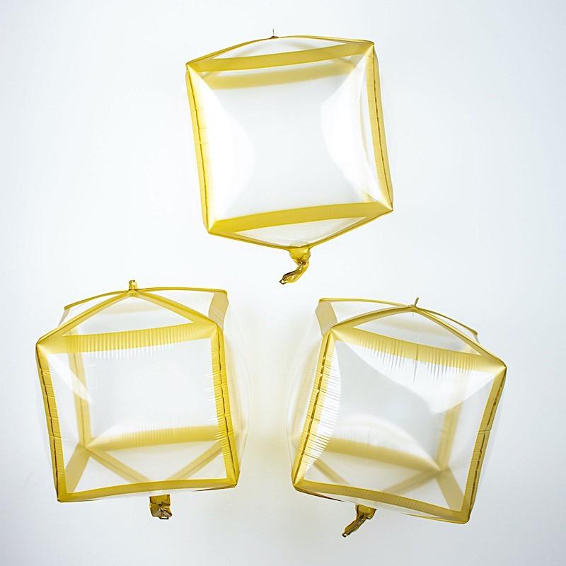 3 pcs 13 in wide Clear with Gold Trim 4D Cube Mylar Foil Balloons